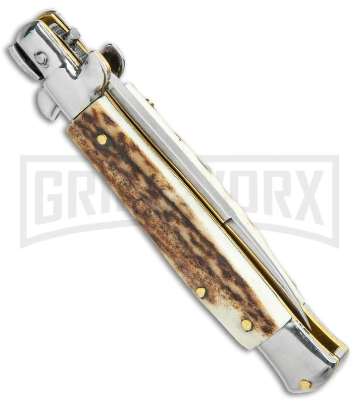 Frank B 7.5" Italian Stiletto Stag Horn Automatic Knife - Bayonet 5 Frank B 7.5" Italian Stiletto Stag Horn Automatic Knife - Bayonet - Image 3