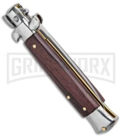 Frank B. 7.5" Italian Stiletto Dark Wood Automatic Knife - Polish -Kershaw Shop Frank B 7.5in Italian Stiletto Dark Wood Auto Polish Flat GX 33830 jr side large