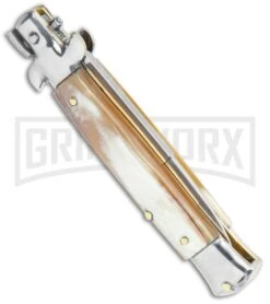 Frank B. Italian Stiletto 7.5" Honey Horn Automatic Knife - Polish Bayonet 8 Frank B. Italian Stiletto 7.5" Honey Horn Automatic Knife - Polish Bayonet -Kershaw Shop Frank B 7.5in Italian Stiletto Honey Horn Auto Polish Bayo GX 36623 jr side large