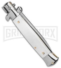 Frank B. 7.75" Italian Stiletto White Pearlex Automatic Knife - Satin Plain -Kershaw Shop Frank B 7in Italian Stiletto AK White Pearlex 3in Satin BHQ 175651 td side large