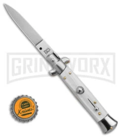 Frank B. 7.75" Italian Stiletto White Pearlex Automatic Knife - Satin Plain -Kershaw Shop Frank B 7in Italian Stiletto AK White Pearlex 3in Satin BHQ 175651 td size large