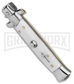 Frank B. 7.75" Italian Stiletto White Pearlex Automatic Knife - Satin Plain -Kershaw Shop Frank B 7in Italian Stiletto AK White Pearlex 3in Satin BHQ 175651 td spine large