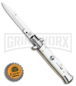 Frank B. 7.5" Italian Stiletto White Pearlex Automatic Knife - Satin Bayonet -Kershaw Shop Frank B 8 Italian Stiletto White Pearlex Automatic Knife Satin Bayonet GX 18146 LS Bottlecap large