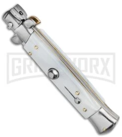 Frank B. 7.5" Italian Stiletto White Pearlex Automatic Knife - Satin Bayonet -Kershaw Shop Frank B 8 Italian Stiletto White Pearlex Automatic Knife Satin Bayonet GX 18146 LS Spine large