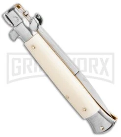 Frank B 9" Italian Stiletto Sim Ivory Automatic Knife - Bayo Satin -Kershaw Shop Frank B 9 Italian Stiletto Bayonet Automatic Knife Sim Ivory 3.8 Satin BHQ 116594 LS Side large