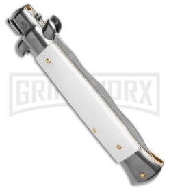 Frank B. 9" Italian Stiletto White Pearlex Automatic Knife - Kriss -Kershaw Shop Frank B 9in Italian Stiletto AK Knife White Pealex 4in Ssatin Kriss BHQ 186377 td side large