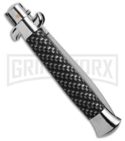 Frank B. 9" Italian Stiletto Tactical Sim Black CF Automatic Knife - Satin Plain -Kershaw Shop Frank B 9in Italian Stiletto AK Slim CF 4in Satin Dagger BHQ 182797 td side large