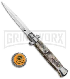 Frank B 9" Italian Stiletto Black Lip Pearl Automatic Knife - Bayonet Satin 9 Frank B 9" Italian Stiletto Black Lip Pearl Automatic Knife - Bayonet Satin -Kershaw Shop Frank B 9in Italian Stiletto Auto Bayo Black Lip Pearl Satin GX 32349 jr bottlecap large