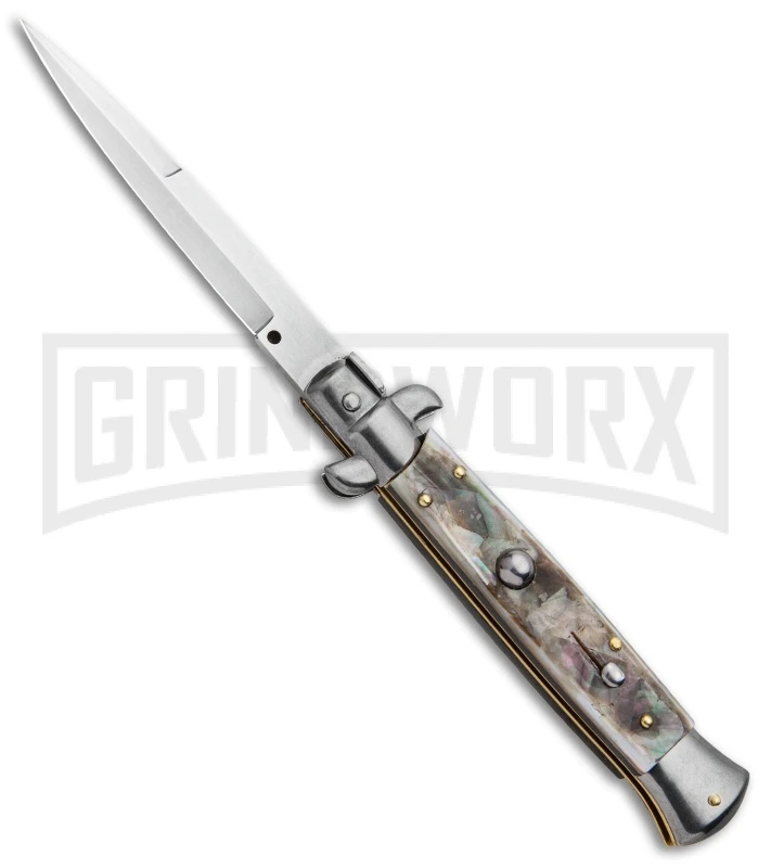 Frank B 9" Italian Stiletto Black Lip Pearl Automatic Knife - Bayonet Satin 3 Frank B 9" Italian Stiletto Black Lip Pearl Automatic Knife - Bayonet Satin