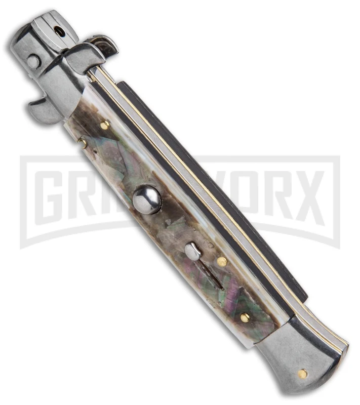 Frank B 9" Italian Stiletto Black Lip Pearl Automatic Knife - Bayonet Satin 4 Frank B 9" Italian Stiletto Black Lip Pearl Automatic Knife - Bayonet Satin - Image 2