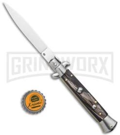 Frank B 9" Italian Stiletto Dark Horn Automatic Knife - Flat Grind -Kershaw Shop Frank B 9in Italian Stiletto Auto Dark Horn Satin BHQ 74380 jr bottlecap large