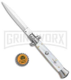 Frank B. 9" Italian Stiletto White Pearlex Automatic Knife - Dagger -Kershaw Shop Frank B 9in Italian Stiletto Auto White Pearlex Satin Dagger BHQ 138986 jr bottlecap large