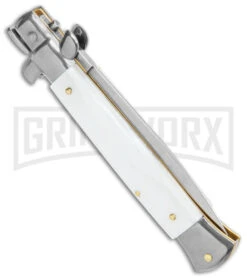 Frank B. 9" Italian Stiletto White Pearlex Automatic Knife - Dagger -Kershaw Shop Frank B 9in Italian Stiletto Auto White Pearlex Satin Dagger BHQ 138986 jr side large