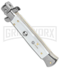 Frank B. 9" Italian Stiletto White Pearlex Automatic Knife - Dagger -Kershaw Shop Frank B 9in Italian Stiletto Auto White Pearlex Satin Dagger BHQ 138986 jr spine large