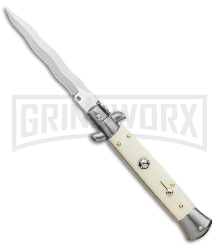 Frank B. 9" Bone Automatic Stiletto Knife - Kris Satin Plain 3 Frank B. 9" Bone Automatic Stiletto Knife - Kris Satin Plain