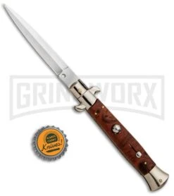 Frank B 9" Italian Stiletto Briar Wood Automatic Knife - Dagger Satin -Kershaw Shop Frank B 9in Italian Stiletto Briar Wood Auto Dagger BP 30454 jr bottlecap large