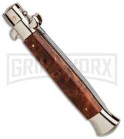 Frank B 9" Italian Stiletto Briar Wood Automatic Knife - Dagger Satin -Kershaw Shop Frank B 9in Italian Stiletto Briar Wood Auto Dagger BP 30454 jr side large