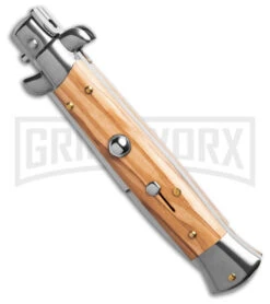 Frank B 9" Italian Stiletto Olive Wood Automatic Knife - Bayonet -Kershaw Shop Frank B 9in Italian Stiletto Olive Wood AK Bayonet GX 4522 td spine large