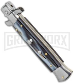 Frank B 9" Italian Stiletto Sim Dark Horn Automatic Knife - Dagger -Kershaw Shop Frank B 9in Italian Stiletto Sim Dark Horn Auto Dagger GX 36500 jr spine large