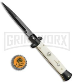 Frank B. 9" Italian Stiletto Simulated Ivory Automatic Knife - Bayonet Black -Kershaw Shop Frank B 9in Italian Stiletto Simulated Ivory Bayo Black BP 20201 jr bottlecap large