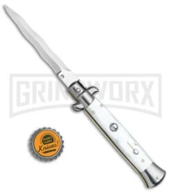 Frank B. 9" Pearlex Automatic Stiletto Knife - Kris Satin Plain 9 Frank B. 9" Pearlex Automatic Stiletto Knife - Kris Satin Plain -Kershaw Shop Frank B 9in Pearlex Stiletto Kriss Satin BP 6580 jr bottlecap large