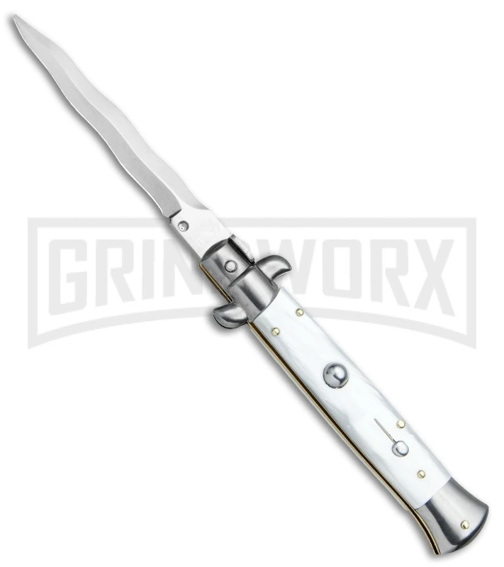 Frank B. 9" Pearlex Automatic Stiletto Knife - Kris Satin Plain 3 Frank B. 9" Pearlex Automatic Stiletto Knife - Kris Satin Plain