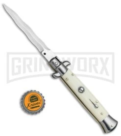 Frank B. 9" Sim Ivory Automatic Stiletto Knife - Kris Satin Plain -Kershaw Shop Frank B 9in Sim Ivory Stiletto Kriss Satin BP 4740 jr bottlecap large