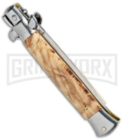 Frank B 9" Italian Stiletto Olive Wood Automatic Knife - Dagger Satin Plain -Kershaw Shop Frank B. 9in Stiletto Olive Wood Dagger Satin Plain BP 5641 jr side large