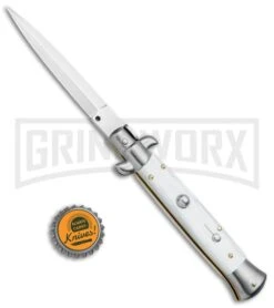 Frank B 9" Italian Stiletto Snow White Automatic Knife - Dagger 9 Frank B 9" Italian Stiletto Snow White Automatic Knife - Dagger -Kershaw Shop Frank B. 9in Stiletto Snow White Dagger Satin Plain BP 5025 jr bottlecap large