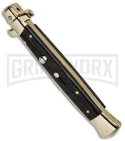 Frank B 11" Italian Stiletto Ebony Automatic Knife Gold - Gold Bayo -Kershaw Shop Frankk B 11in Italian Stiletto Auto Ebony Wood Gold Bayo BHQ 82051 jr spine large