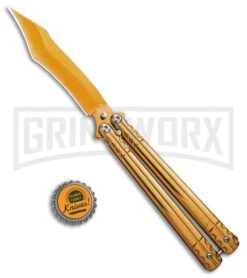 Chalkhill Balisong Butterfly Knife - Gold Tanto -Kershaw Shop Gold Balisong Clip Point Butterfly Knife Gold Finish GX 37652 td size large