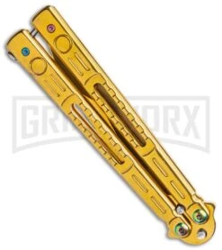 Chalkhill Balisong Butterfly Knife - Gold Tanto Skeletonized -Kershaw Shop Gold Balisong Clip Point Butterfly Knife Gold Finish GX 37655 td side large