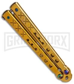 Gold Balisong Trainer Butterfly Knife - Gold Dull -Kershaw Shop Gold Balisong Trainer Butterfly Knife Gold Finish GX 37657 td side large