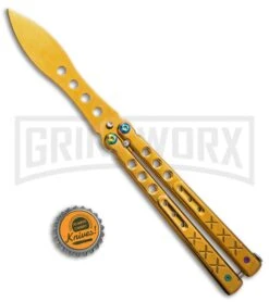 Gold Balisong Trainer Butterfly Knife - Gold Dull -Kershaw Shop Gold Balisong Trainer Butterfly Knife Gold Finish GX 37657 td size large