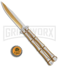 Gold Bone Balisong Drop Point Butterfly Knife - 2 Tone Plain -Kershaw Shop Gold Bone Balisong DP Butterfly TT Plain GX 37370 jr bottlecap large
