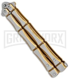Gold Bone Balisong Drop Point Butterfly Knife - 2 Tone Plain -Kershaw Shop Gold Bone Balisong DP Butterfly TT Plain GX 37370 jr side large