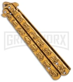 Gold Skull Balisong Butterfly Knife - Gold Plain -Kershaw Shop Gold Skull Balisong Drop Point Butterfly Knife GX 37608 td side large
