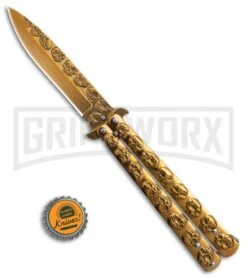 Gold Skull Balisong Butterfly Knife - Gold Plain -Kershaw Shop Gold Skull Balisong Drop Point Butterfly Knife GX 37608 td size large