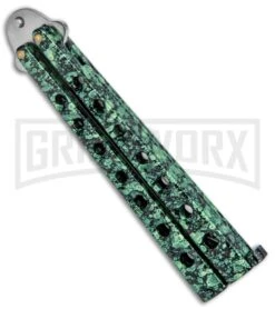 Scoundrel Speckled Green Balisong Butterfly Knife Kriss - Satin Plain -Kershaw Shop Green Speckled Balisong Butterfly Knife Satin Kriss GX 37357 jr side large