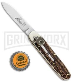 Hubertus 6.75" Oval Spear Point Lever Lock Stag Automatic Knife - Satin Plain -Kershaw Shop Hubertus 6.75in Oval SP LL Stag Auto Satin 68.115.HH .09 GX 32277 jr bottlecap large