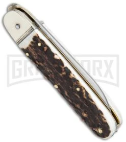 Hubertus 6.75" Oval Spear Point Lever Lock Stag Automatic Knife - Satin Plain -Kershaw Shop Hubertus 6.75in Oval SP LL Stag Auto Satin 68.115.HH .09 GX 32277 jr side large