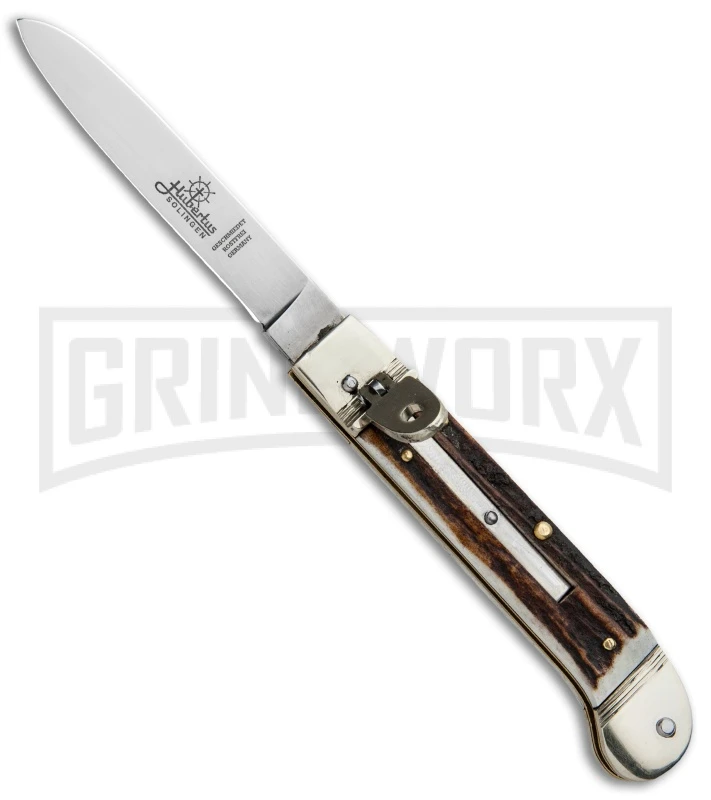 Hubertus 7.13" Pistol Shape Lever Lock Stag Automatic Knife - Satin Plain 3 Hubertus 7.13" Pistol Shape Lever Lock Stag Automatic Knife - Satin Plain