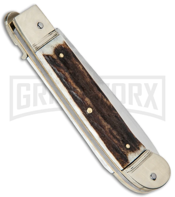 Hubertus 7.13" Pistol Shape Lever Lock Stag Automatic Knife - Satin Plain 5 Hubertus 7.13" Pistol Shape Lever Lock Stag Automatic Knife - Satin Plain - Image 3