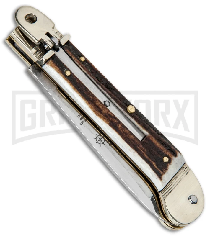 Hubertus 7.13" Pistol Shape Lever Lock Stag Automatic Knife - Satin Plain 4 Hubertus 7.13" Pistol Shape Lever Lock Stag Automatic Knife - Satin Plain - Image 2