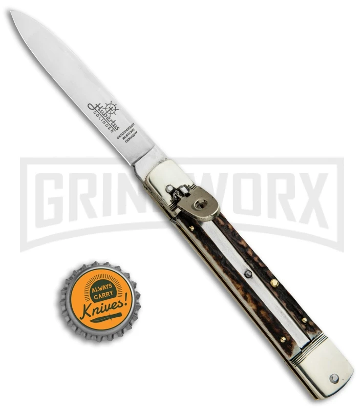 Hubertus 8" Slimline Spear Point Lever Lock Stag Automatic Knife - Satin Plain 6 Hubertus 8" Slimline Spear Point Lever Lock Stag Automatic Knife - Satin Plain - Image 4