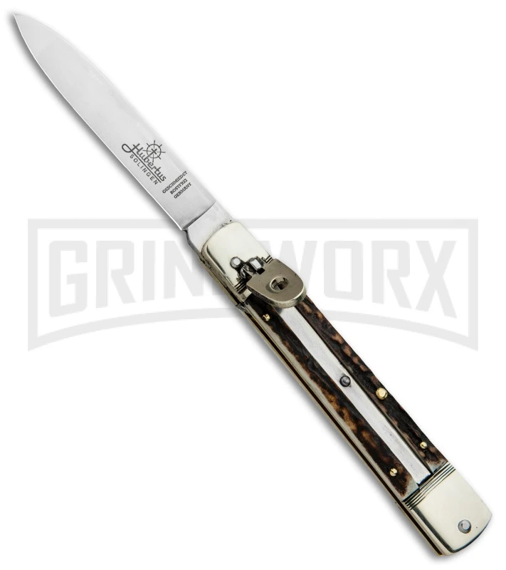 Hubertus 8" Slimline Spear Point Lever Lock Stag Automatic Knife - Satin Plain 3 Hubertus 8" Slimline Spear Point Lever Lock Stag Automatic Knife - Satin Plain