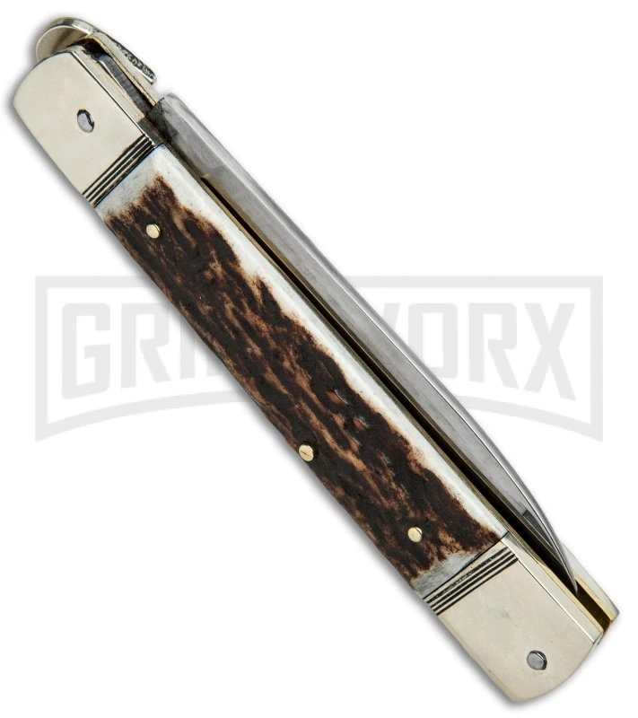 Hubertus 8" Slimline Spear Point Lever Lock Stag Automatic Knife - Satin Plain 5 Hubertus 8" Slimline Spear Point Lever Lock Stag Automatic Knife - Satin Plain - Image 3