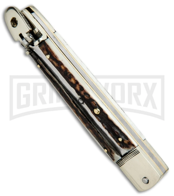 Hubertus 8" Slimline Spear Point Lever Lock Stag Automatic Knife - Satin Plain 4 Hubertus 8" Slimline Spear Point Lever Lock Stag Automatic Knife - Satin Plain - Image 2