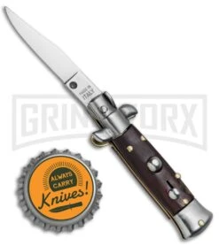 4.5" Italian Mini Stiletto Gonzo Wood Automatic Knife - Clip Point Satin -Kershaw Shop Italian Mini Stiletto CP Auto Gonzo Wood Satin BHQ 78287 jr bottlecap large