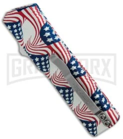 Lightning American Flag D/A OTF Automatic Knife - Tanto Satin Serr -Kershaw Shop Lightning American Flag DA OTF Auto Tanto Satin Serr GX 33327 jr side large